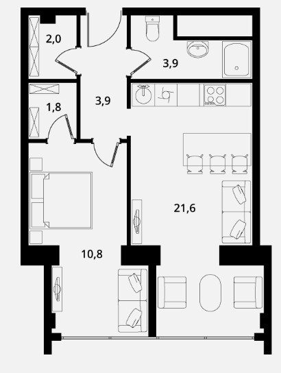 Однокомнатная квартира 44 м²